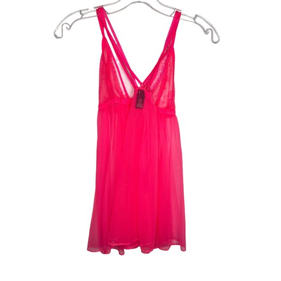 Victoria's Secret Women's Lingerie Size L Neon Pink Sleeveless Lace Baby Doll - Picture 2 of 11